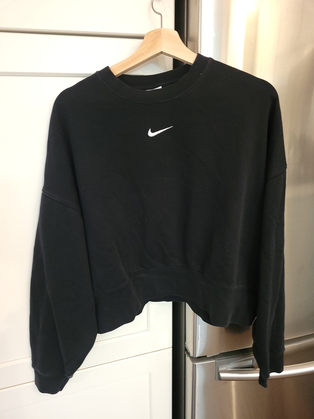 Nike Black Cropped Crew Sweatshirt with White Swoosh